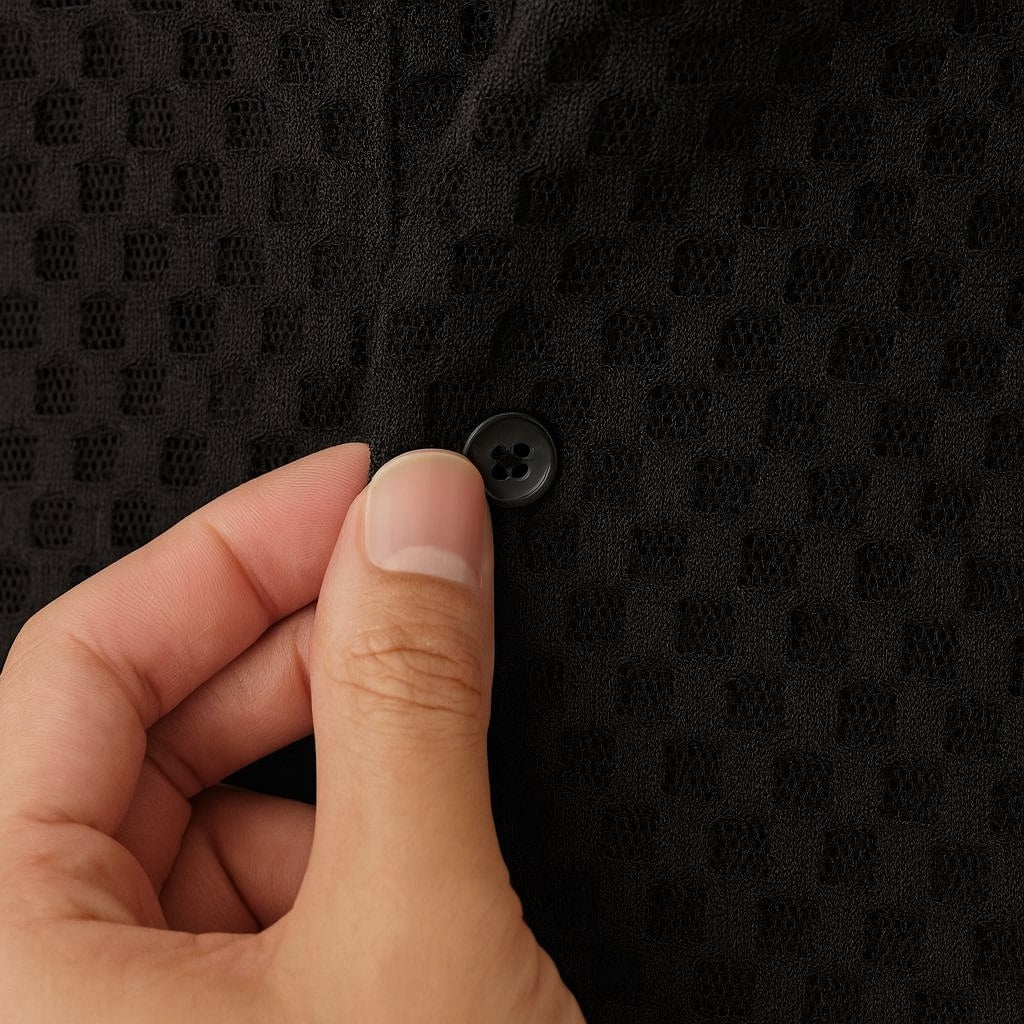 Hand pressing a button on a black textured fabric