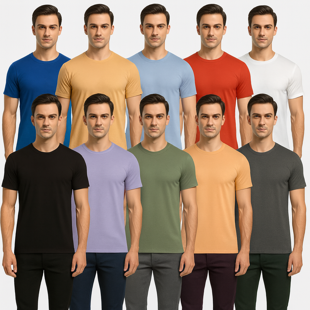 Man wearing t-shirts in various colors on a white background