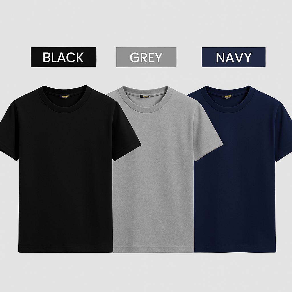 Three t-shirts in black, gray, and navy on a light gray background with color labels above each.