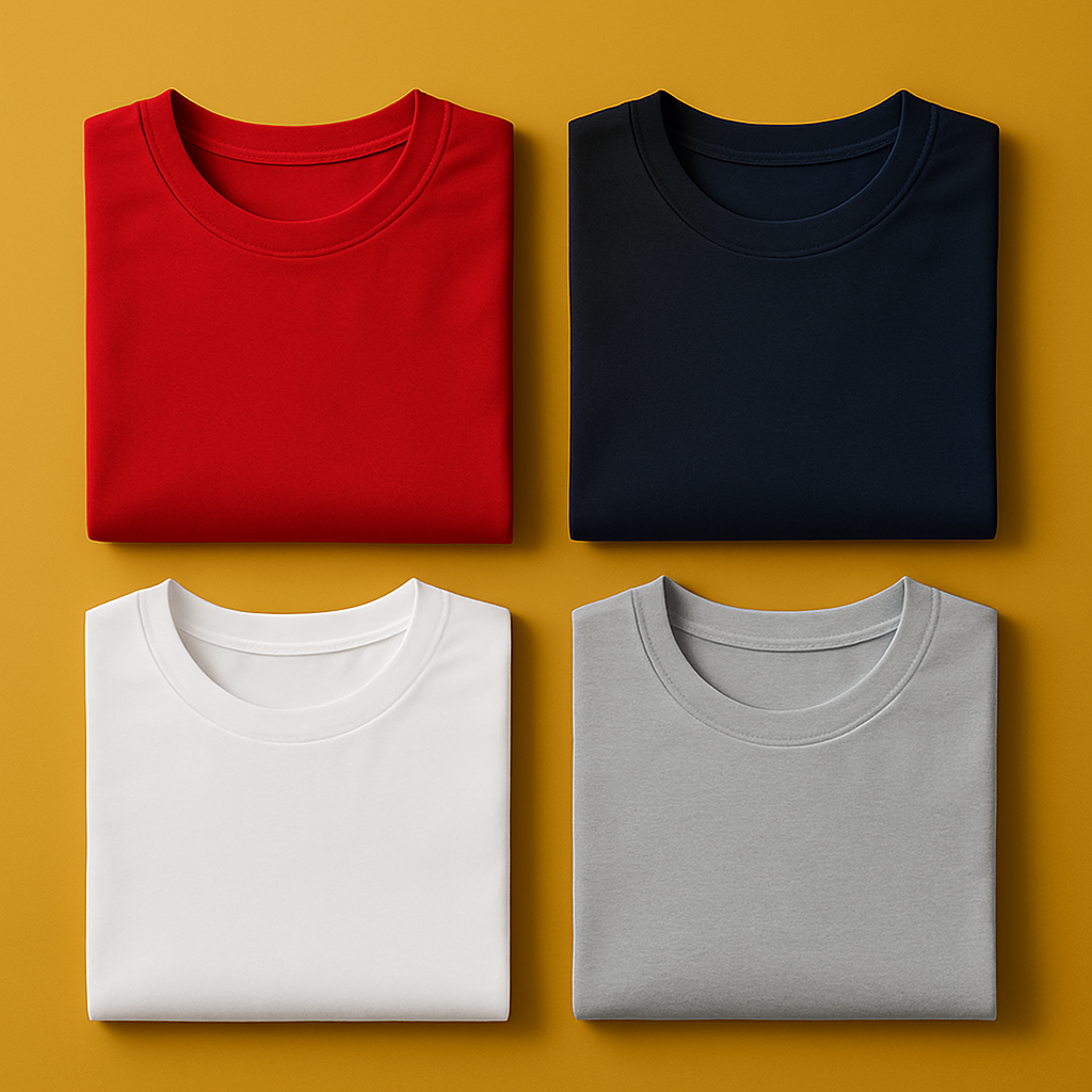 Four folded shirts in red, black, white, and gray on a mustard yellow background