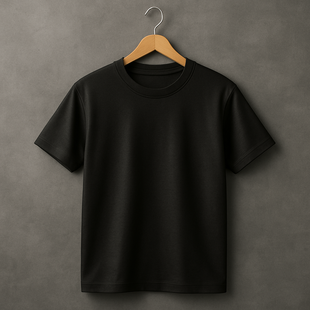 Black t-shirt on a wooden hanger against a gray background
