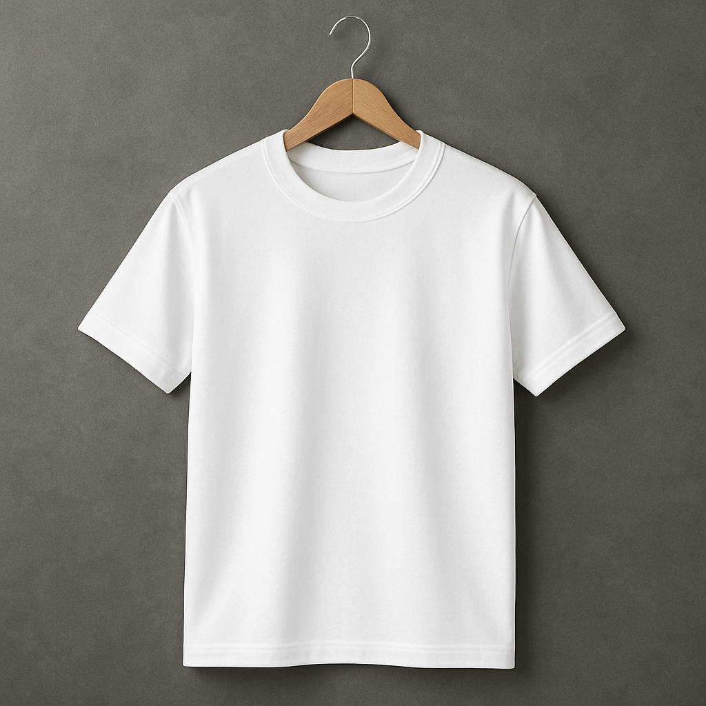 White t-shirt on a wooden hanger against a gray background