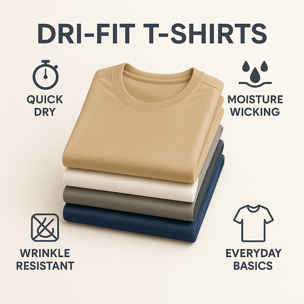 Stack of beige, white, and navy t-shirts with features listed on a light background
